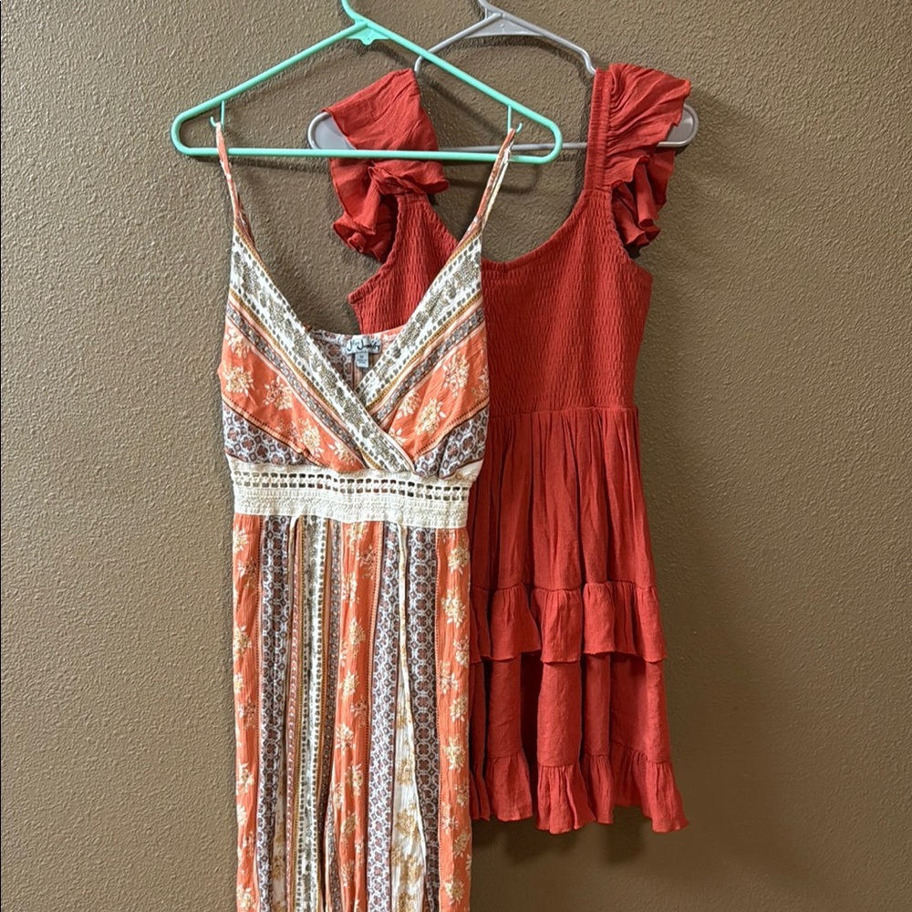 BUNDLE J for Justify Orange Patterned Wrap Midi Dress & Rust Ruffle Midi Dress